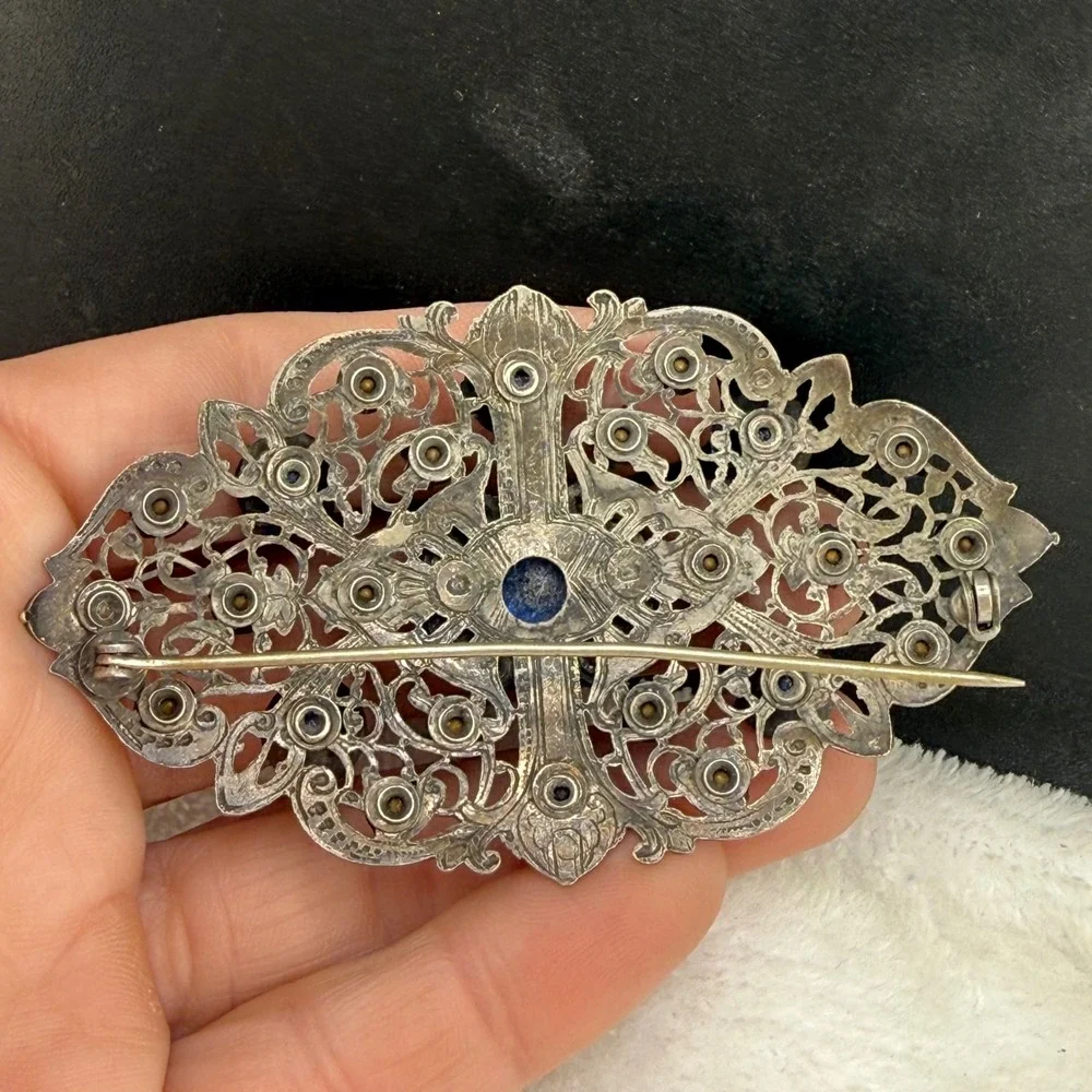 Vintage Brooch Blue Rhinestone Filigree Silver Tone